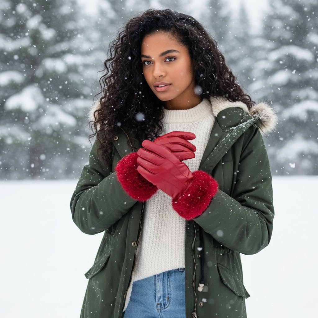 TheGloveHut Womens New Real Leather Gloves with Faux Cuff