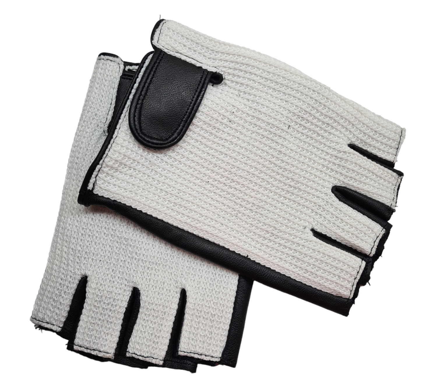 Mens Classic Two Tone Black White Soft Leather Cotton Driving Fingerless Gloves