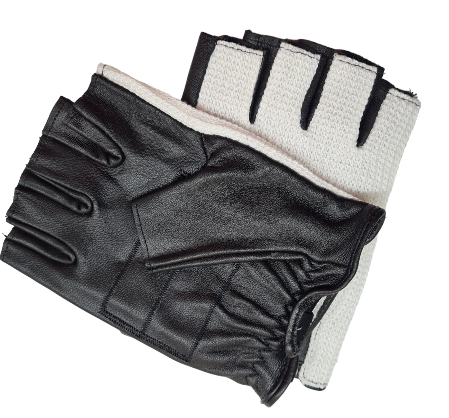 Mens Classic Two Tone Black White Soft Leather Cotton Driving Fingerless Gloves