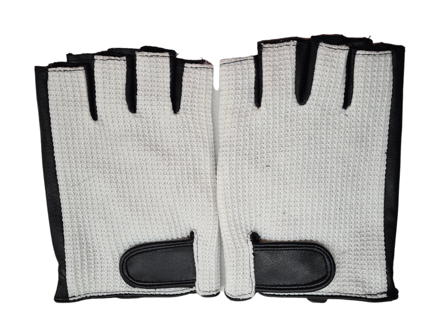 Mens Classic Two Tone Black White Soft Leather Cotton Driving Fingerless Gloves