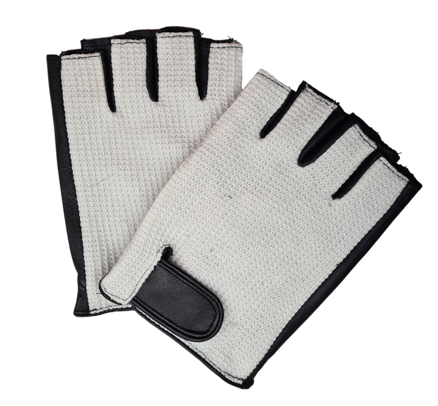 Mens Classic Two Tone Black White Soft Leather Cotton Driving Fingerless Gloves