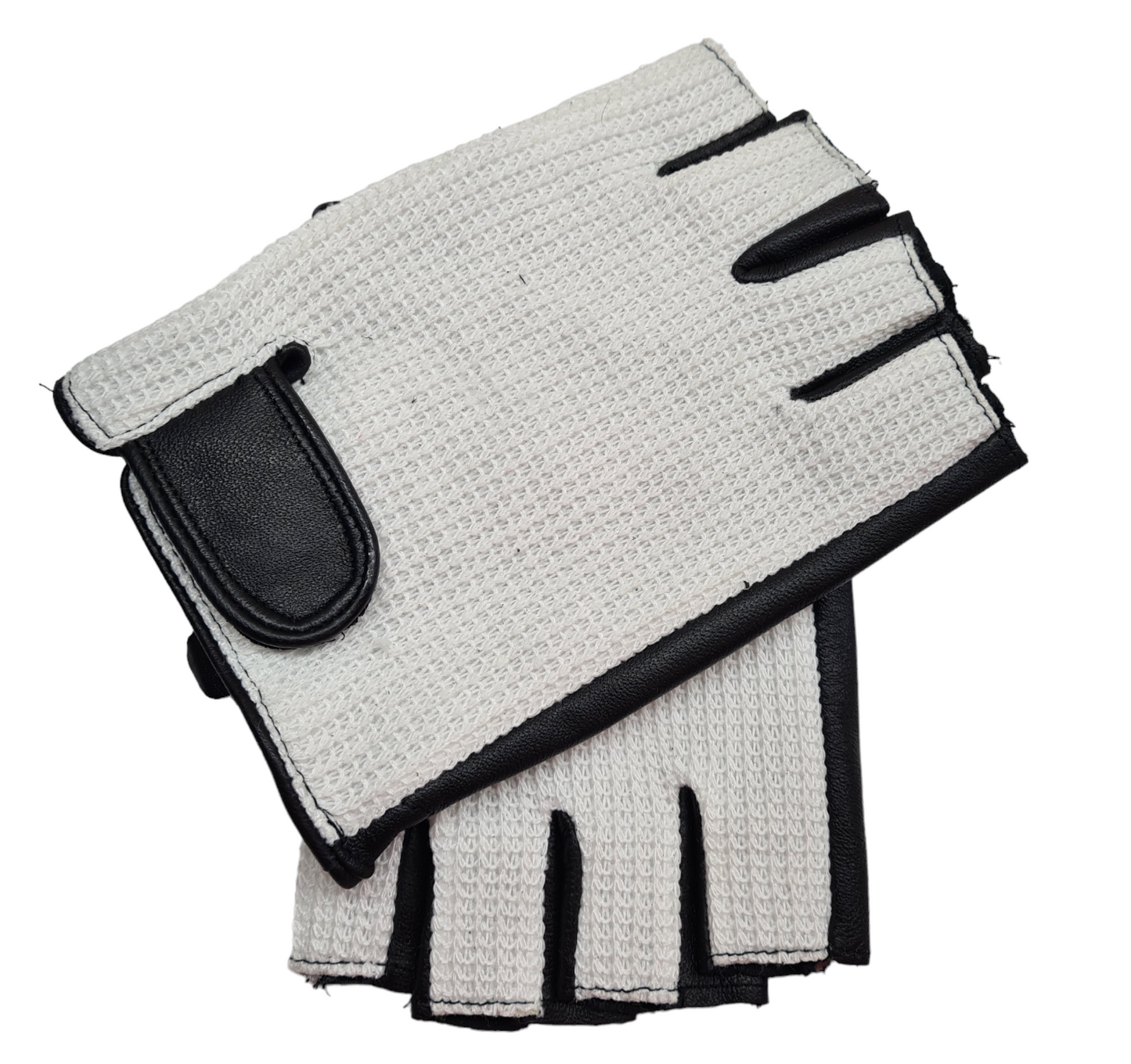 Mens Classic Two Tone Black White Soft Leather Cotton Driving Fingerless Gloves