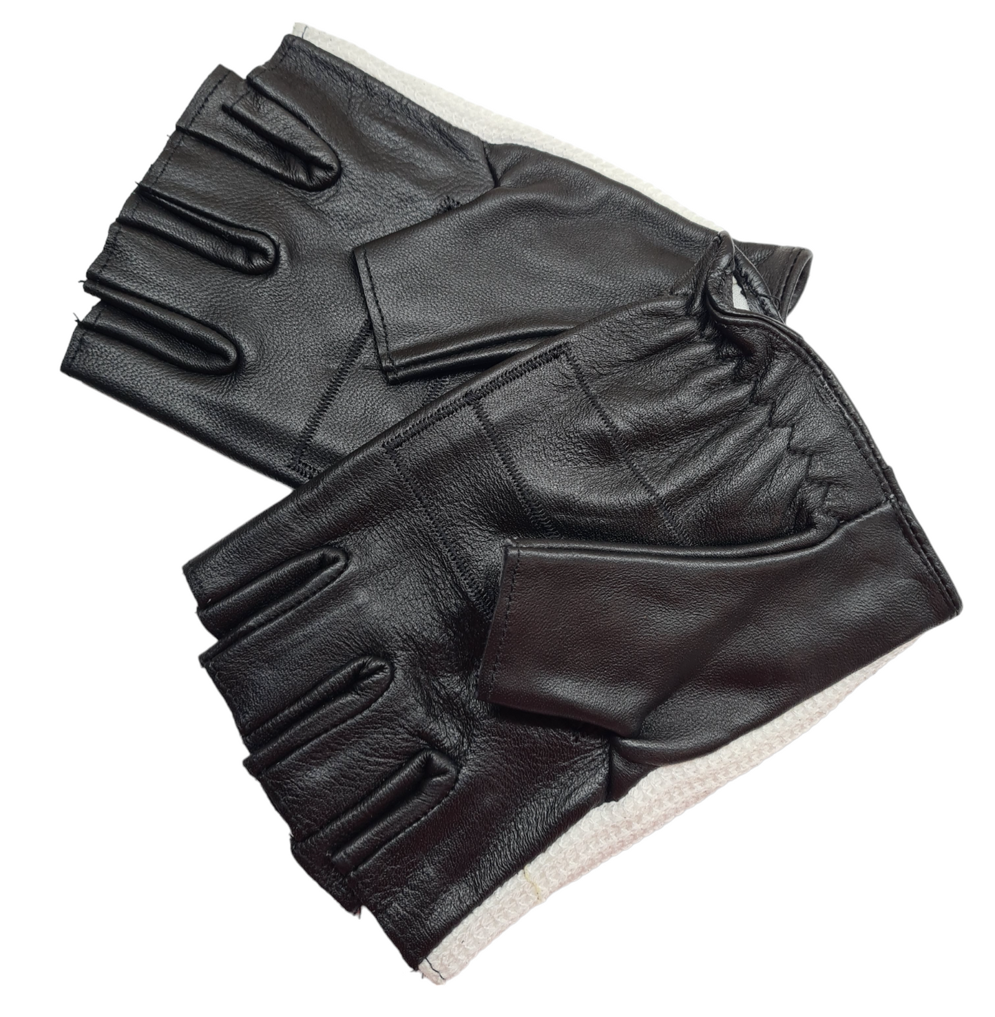 Mens Classic Two Tone Black White Soft Leather Cotton Driving Fingerless Gloves