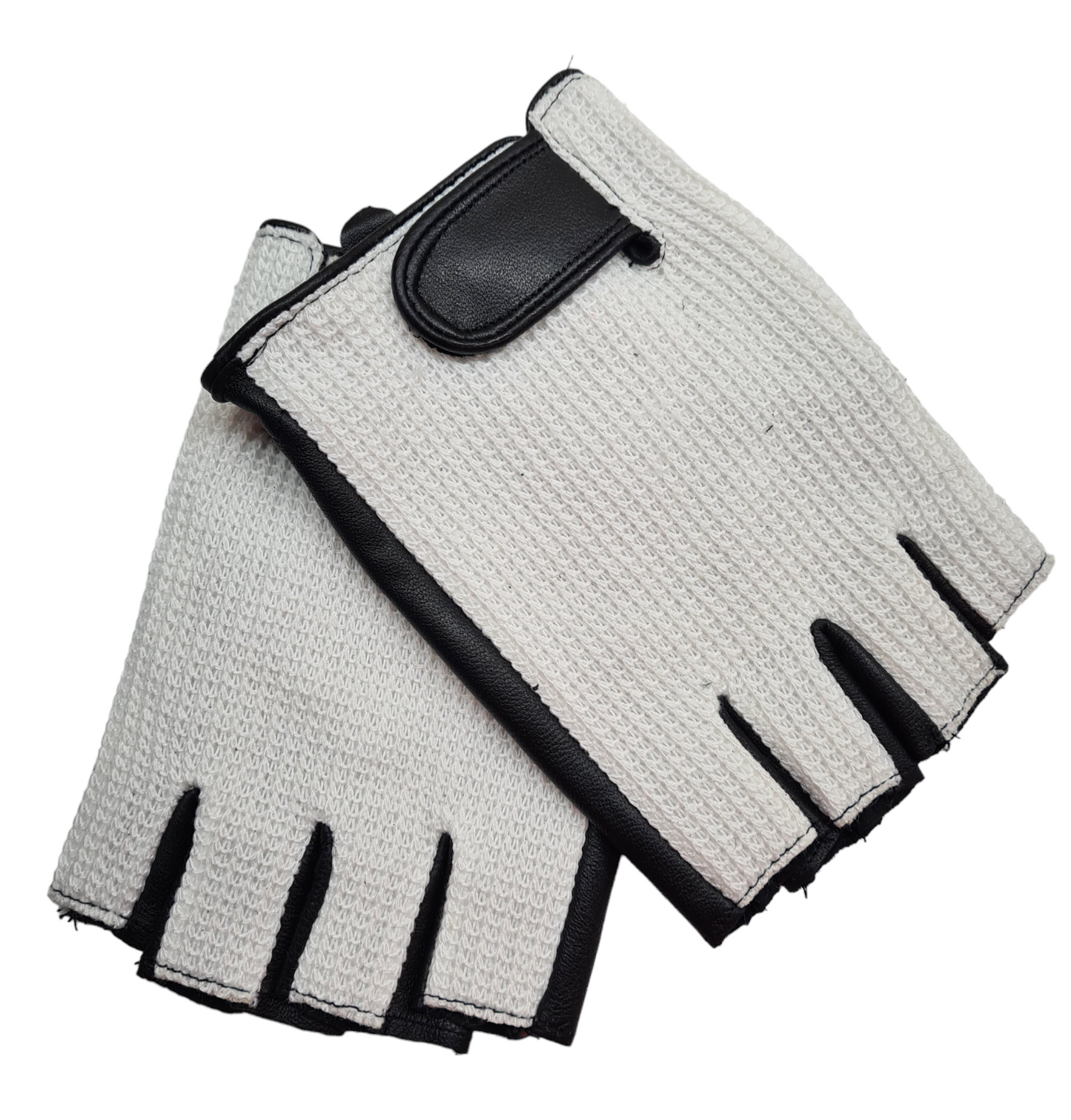 Mens Classic Two Tone Black White Soft Leather Cotton Driving Fingerless Gloves