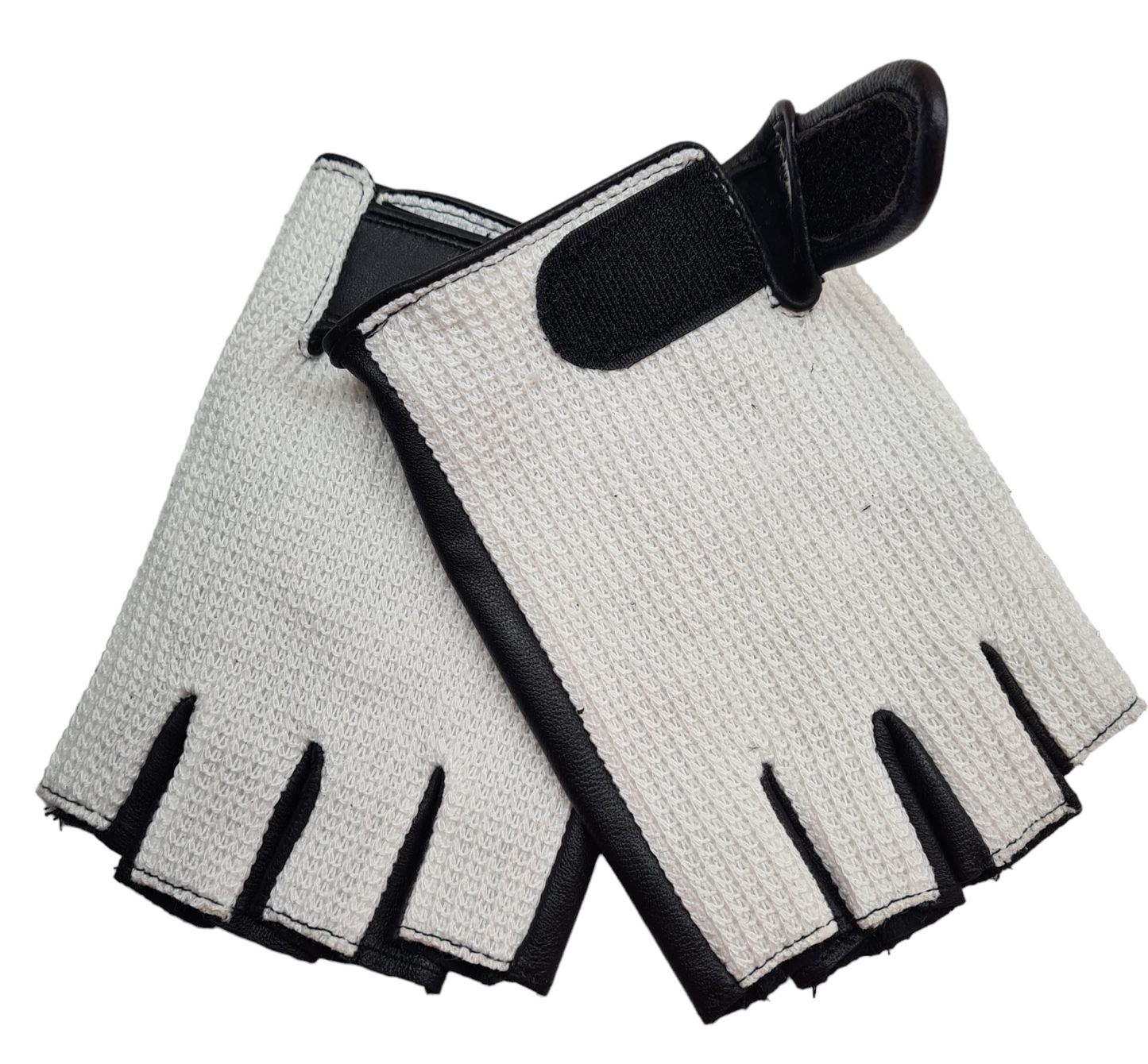 Mens Classic Two Tone Black White Soft Leather Cotton Driving Fingerless Gloves