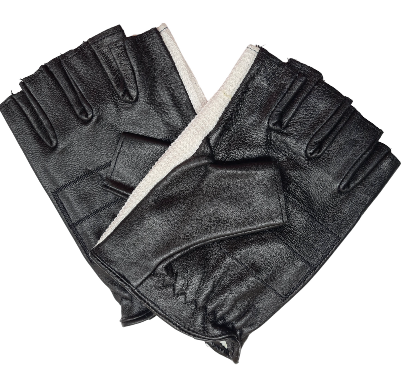 Mens Classic Two Tone Black White Soft Leather Cotton Driving Fingerless Gloves