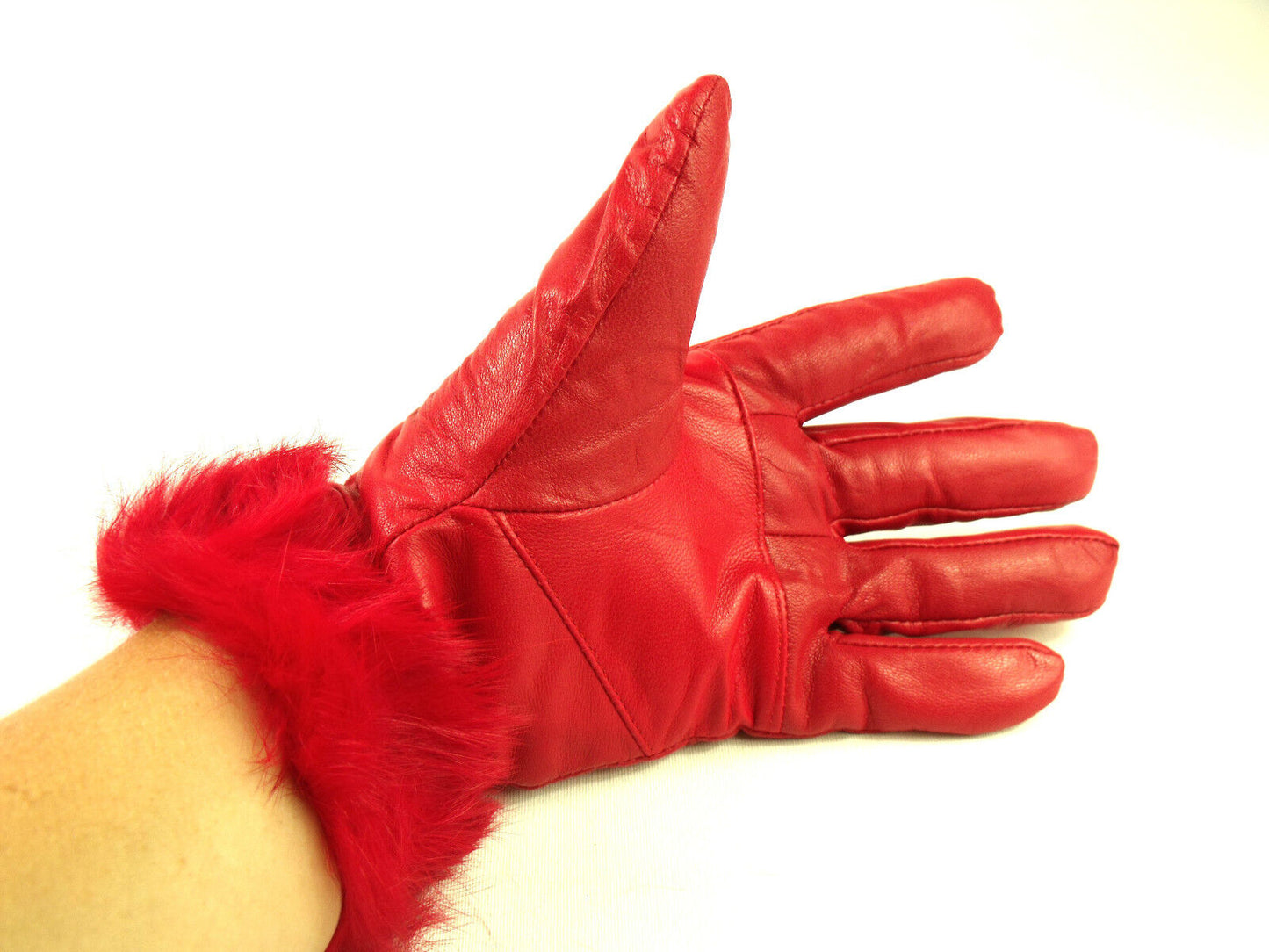 Ladies Red Faux Fur Trim Super Soft Real Leather Fully Lined Gloves Everyday