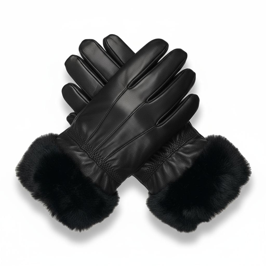 TheGloveHut Womens New Real Leather Gloves with Faux Cuff