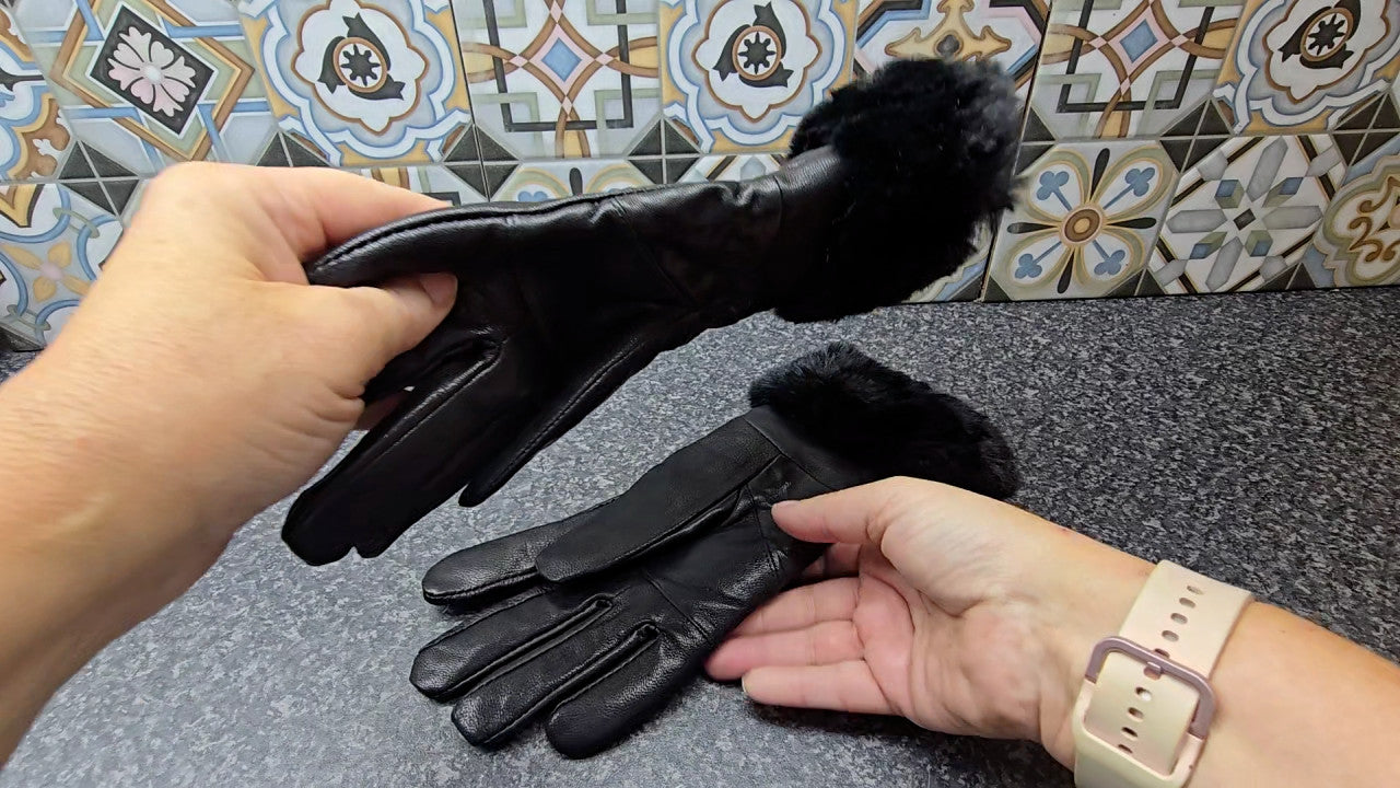 Ladies Womens Real Super Soft Leather Faux Fur Trim Fleece Lined Winter Gloves