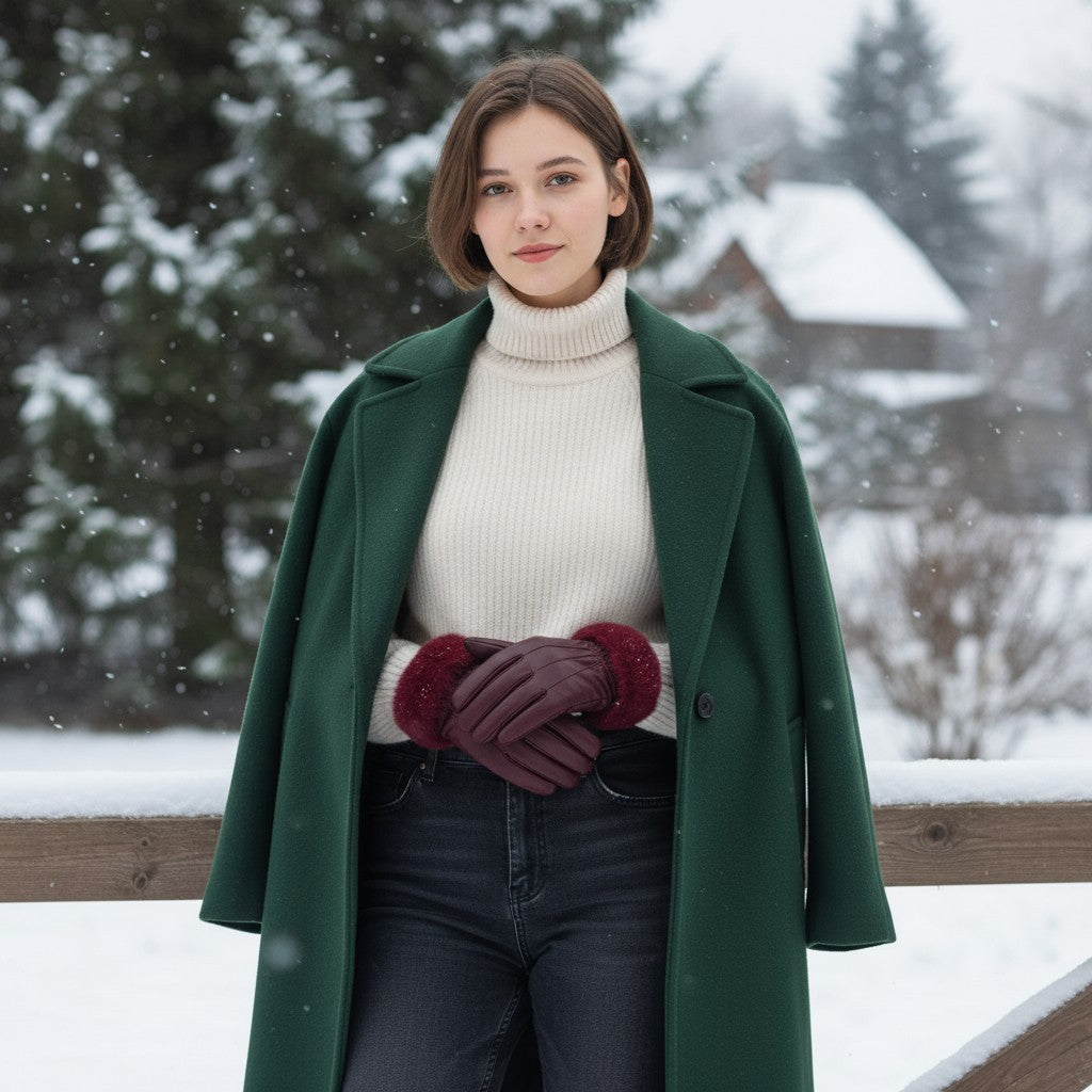 Ladies Womens Real Super Soft Leather Faux Fur Trim Fleece Lined Winter Gloves