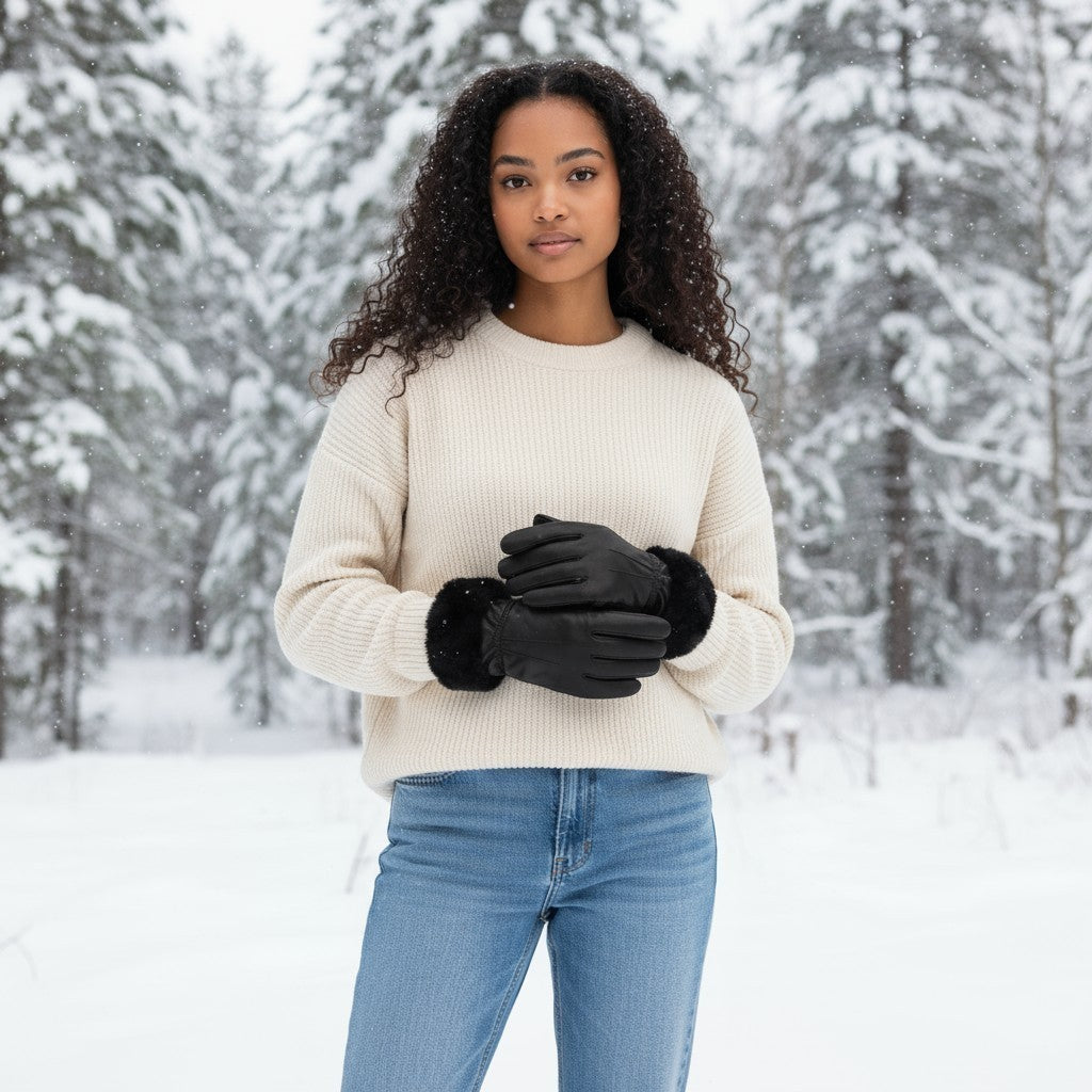 Ladies Womens Real Super Soft Leather Faux Fur Trim Fleece Lined Winter Gloves