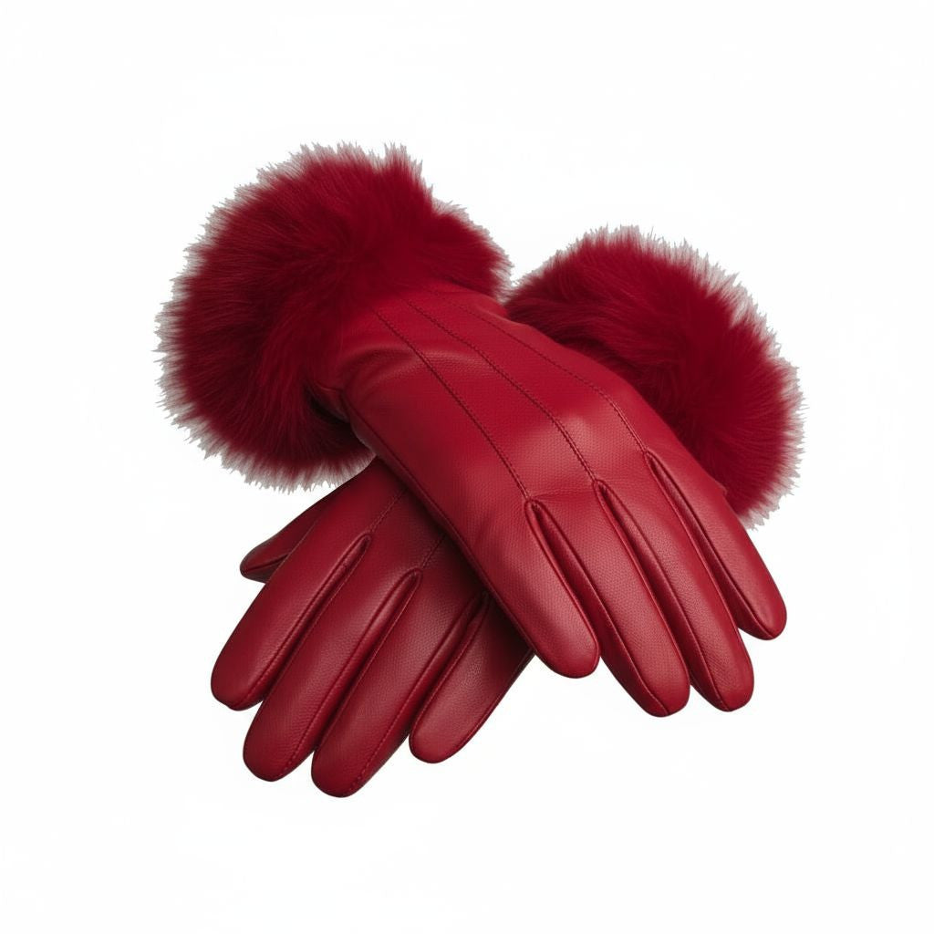 Ladies Womens Real Super Soft Leather Faux Fur Trim Fleece Lined Winter Gloves