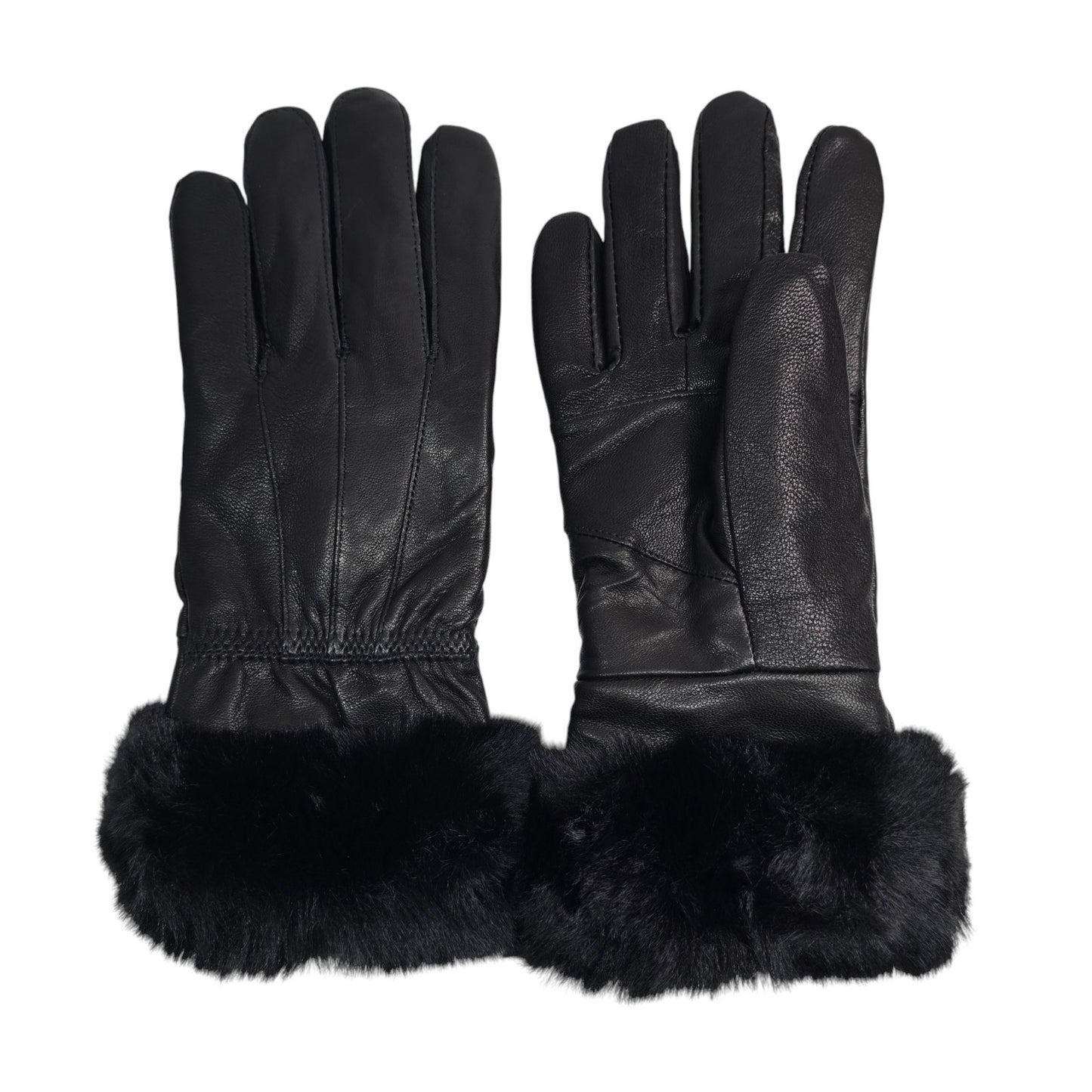 Ladies Womens Real Super Soft Leather Faux Fur Trim Fleece Lined Winter Gloves
