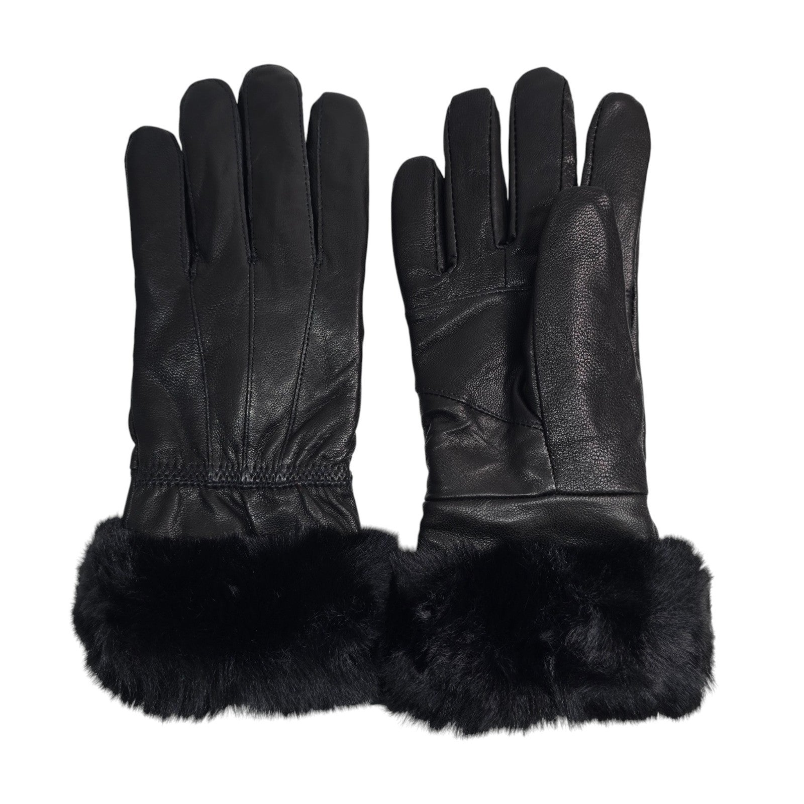 Ladies Womens Real Super Soft Leather Faux Fur Trim Fleece Lined Winter Gloves