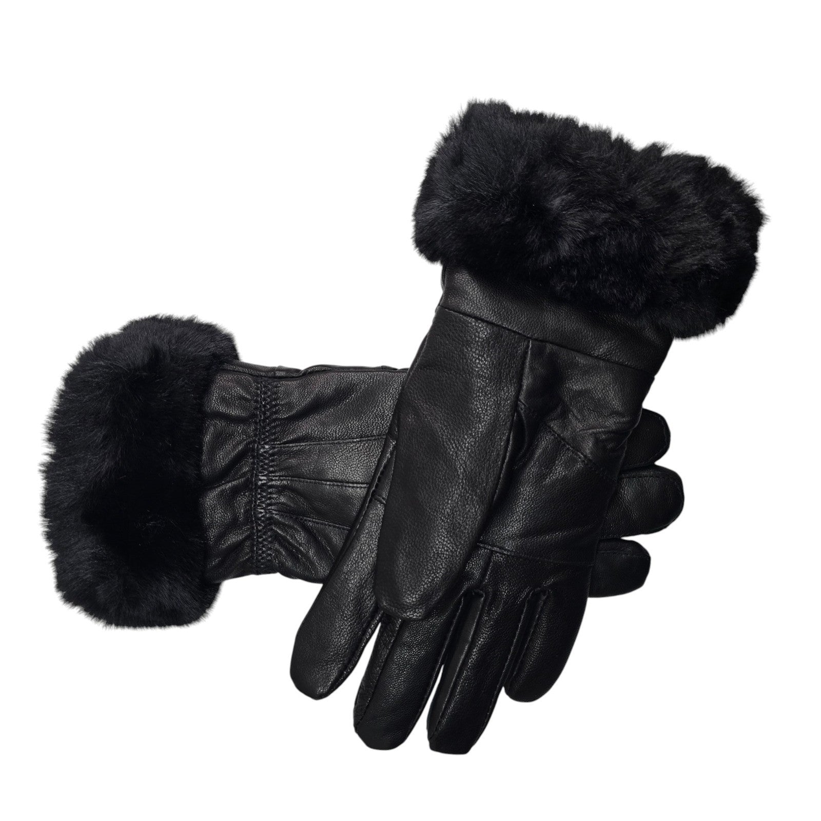 Ladies Womens Real Super Soft Leather Faux Fur Trim Fleece Lined Winter Gloves