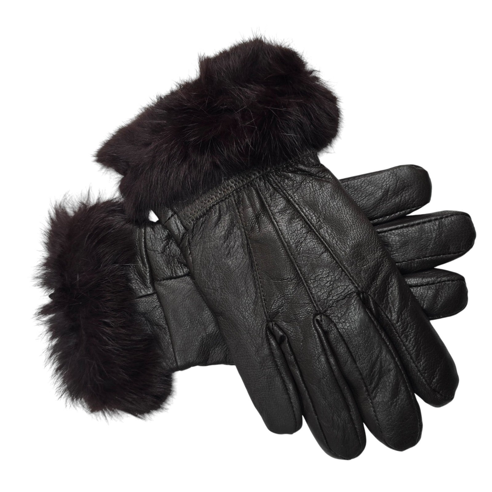 Ladies Womens Real Super Soft Leather Faux Fur Trim Fleece Lined Winter Gloves