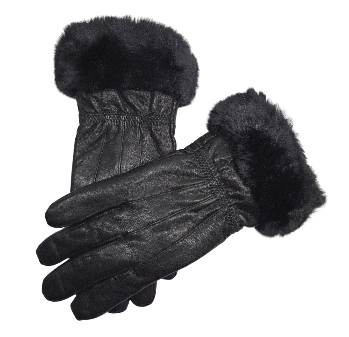 Ladies Womens Real Super Soft Leather Faux Fur Trim Fleece Lined Winter Gloves
