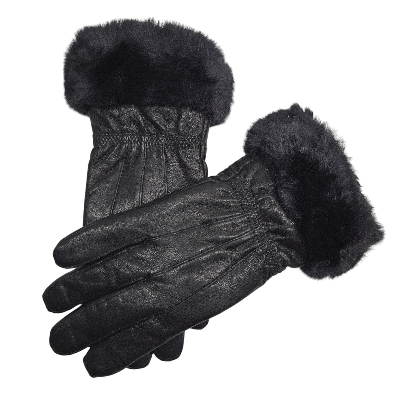 Ladies Womens Real Super Soft Leather Faux Fur Trim Fleece Lined Winter Gloves