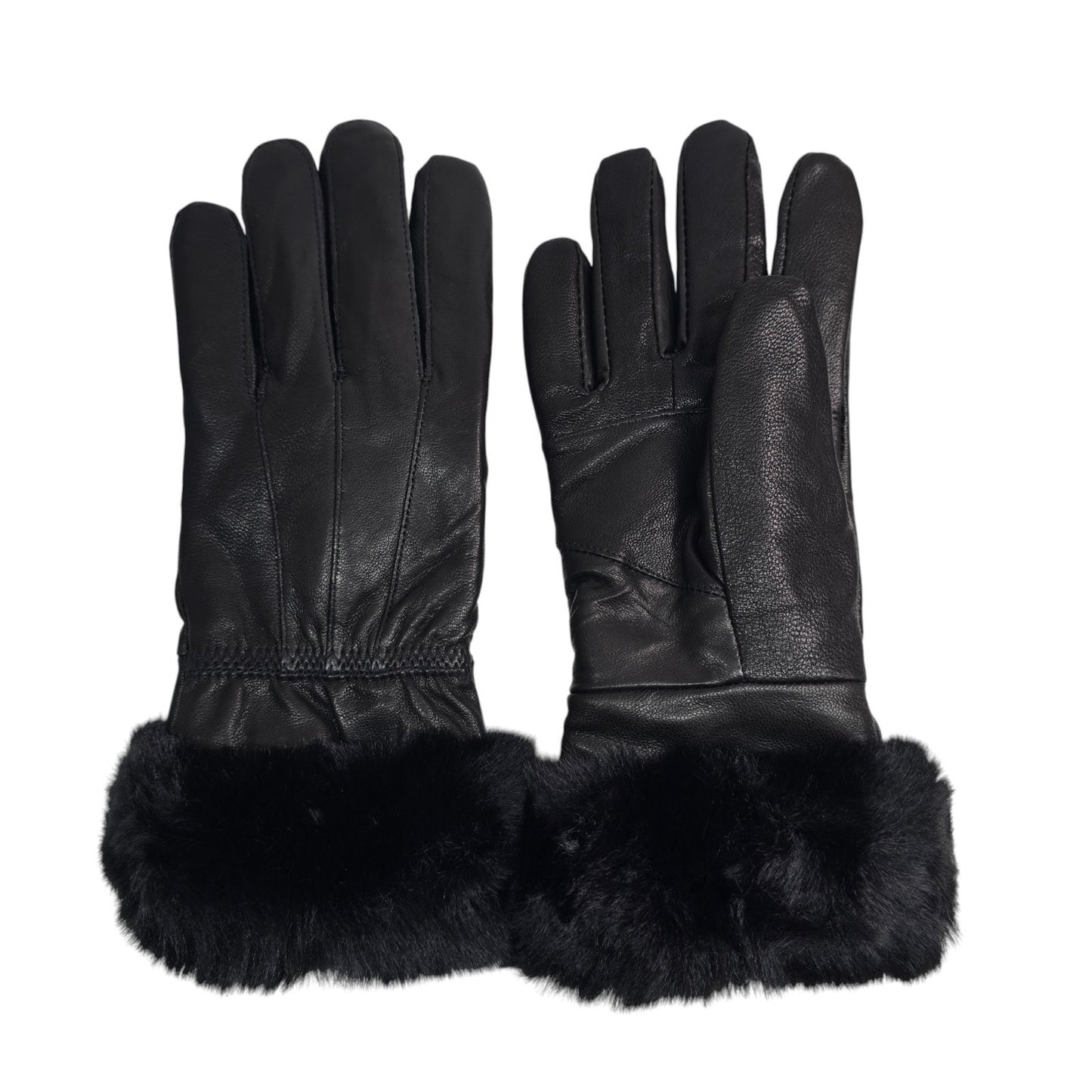 Ladies Womens Real Super Soft Leather Faux Fur Trim Fleece Lined Winter Gloves