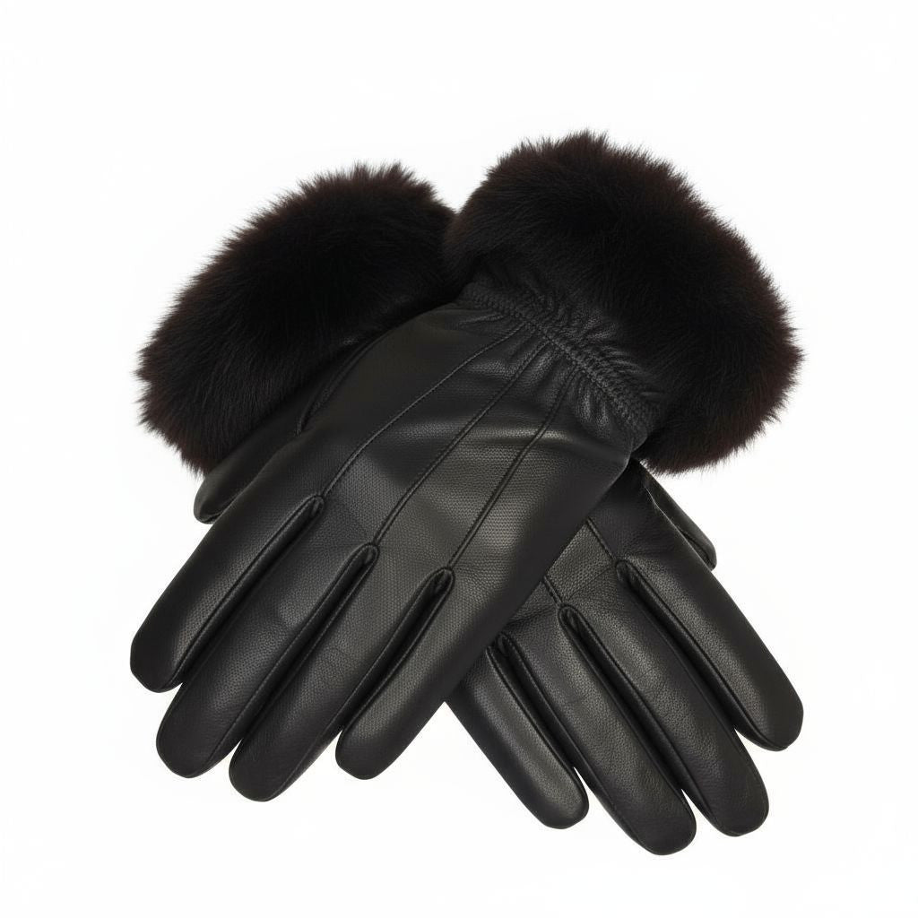 Ladies Womens Real Super Soft Leather Faux Fur Trim Fleece Lined Winter Gloves