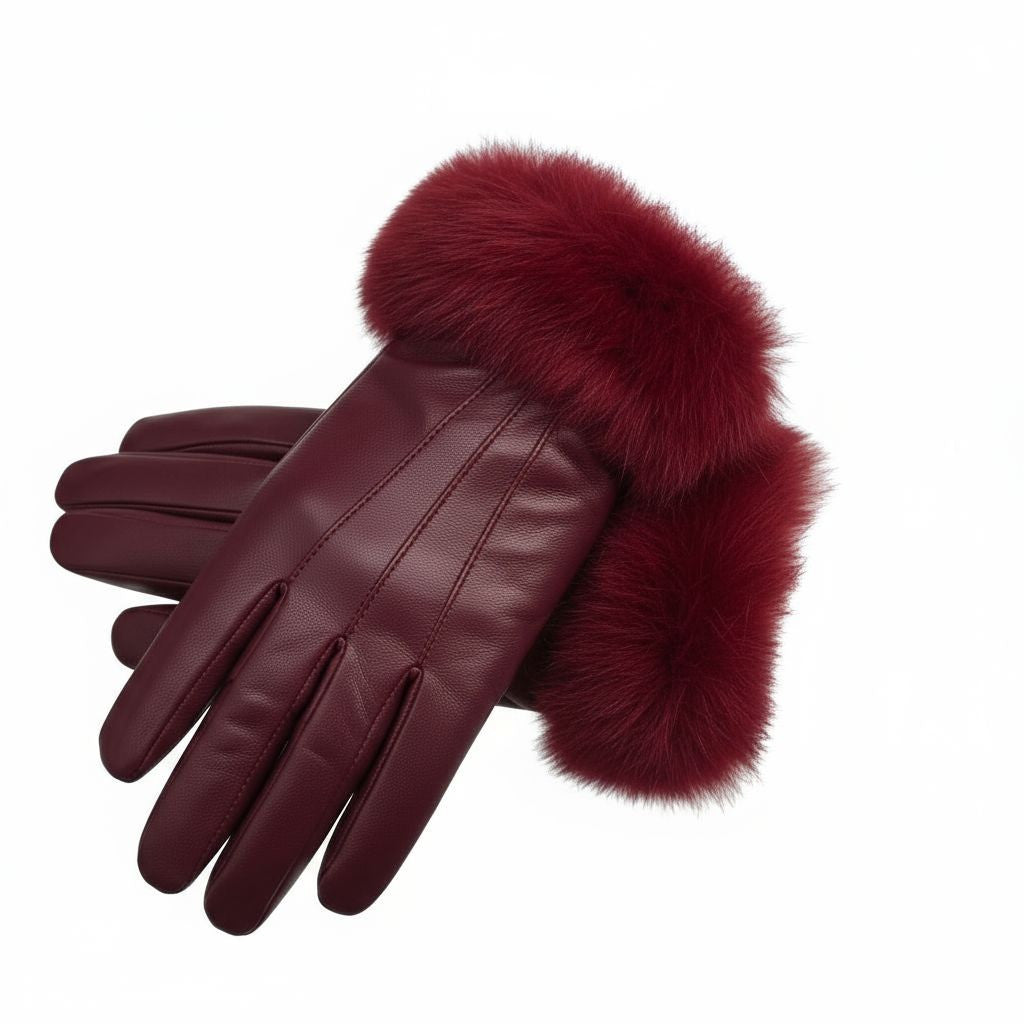 Ladies Womens Real Super Soft Leather Faux Fur Trim Fleece Lined Winter Gloves