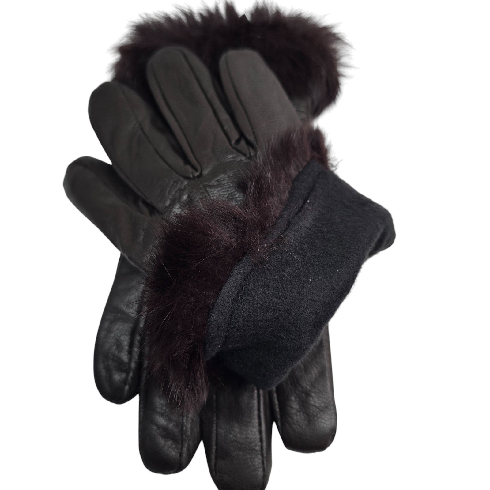 Ladies Womens Real Super Soft Leather Faux Fur Trim Fleece Lined Winter Gloves