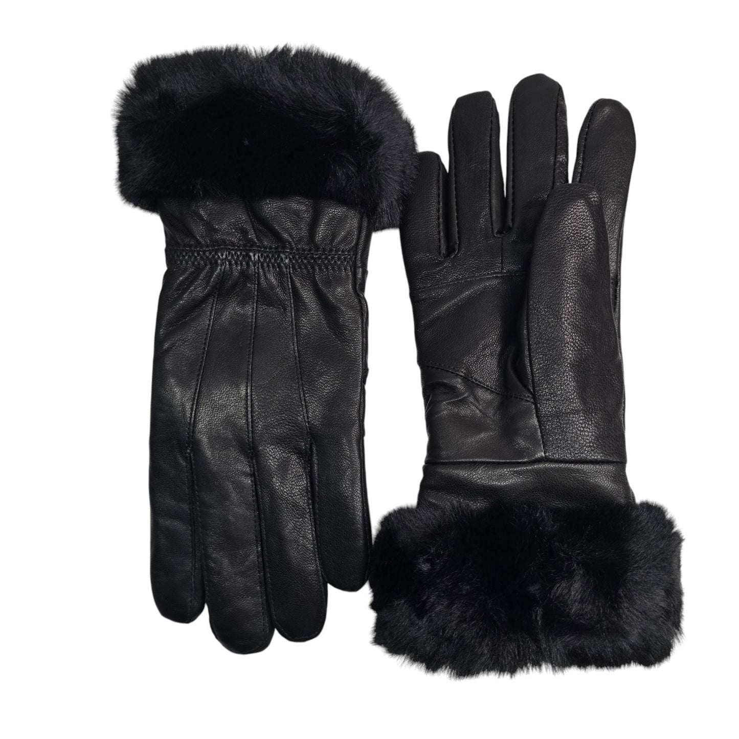 Ladies Womens Real Super Soft Leather Faux Fur Trim Fleece Lined Winter Gloves