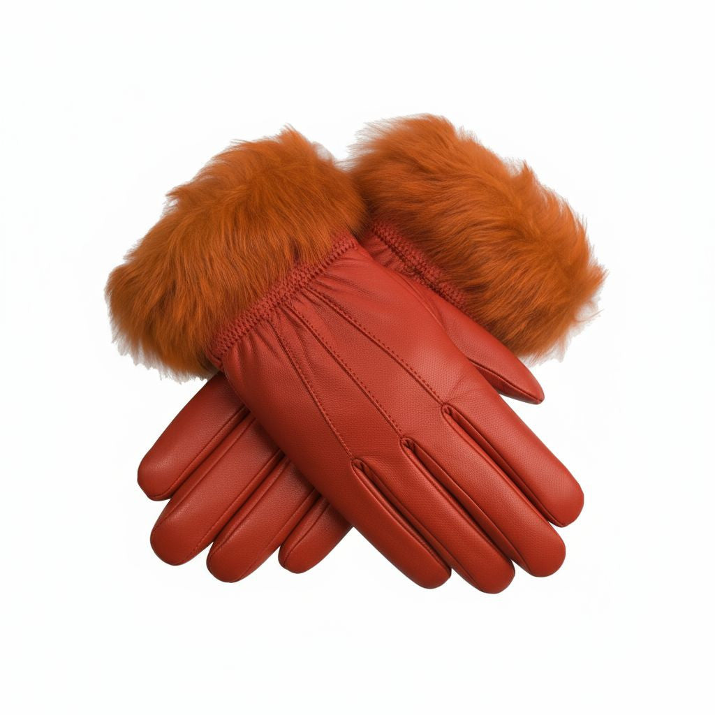 Ladies Womens Real Super Soft Leather Faux Fur Trim Fleece Lined Winter Gloves