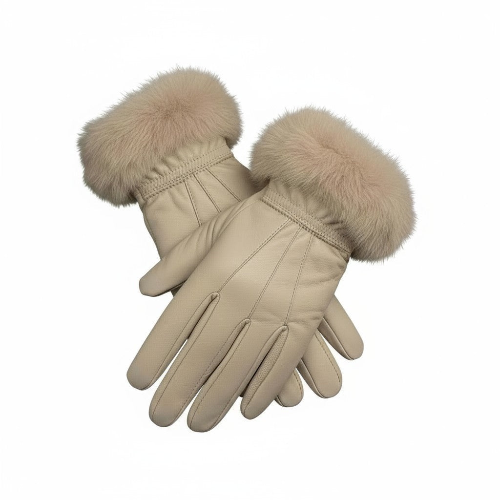 Ladies Womens Real Super Soft Leather Faux Fur Trim Fleece Lined Winter Gloves