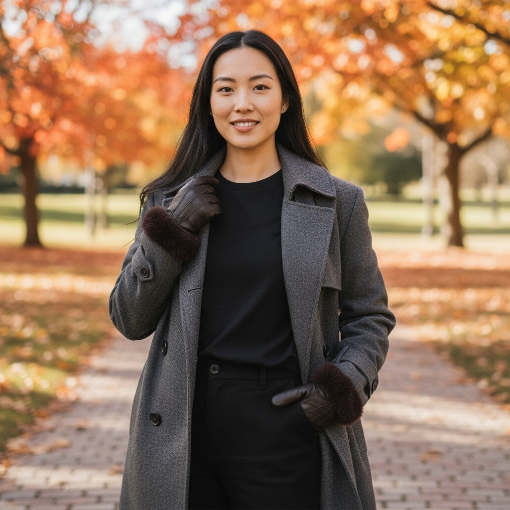 Ladies Womens Real Super Soft Leather Faux Fur Trim Fleece Lined Winter Gloves