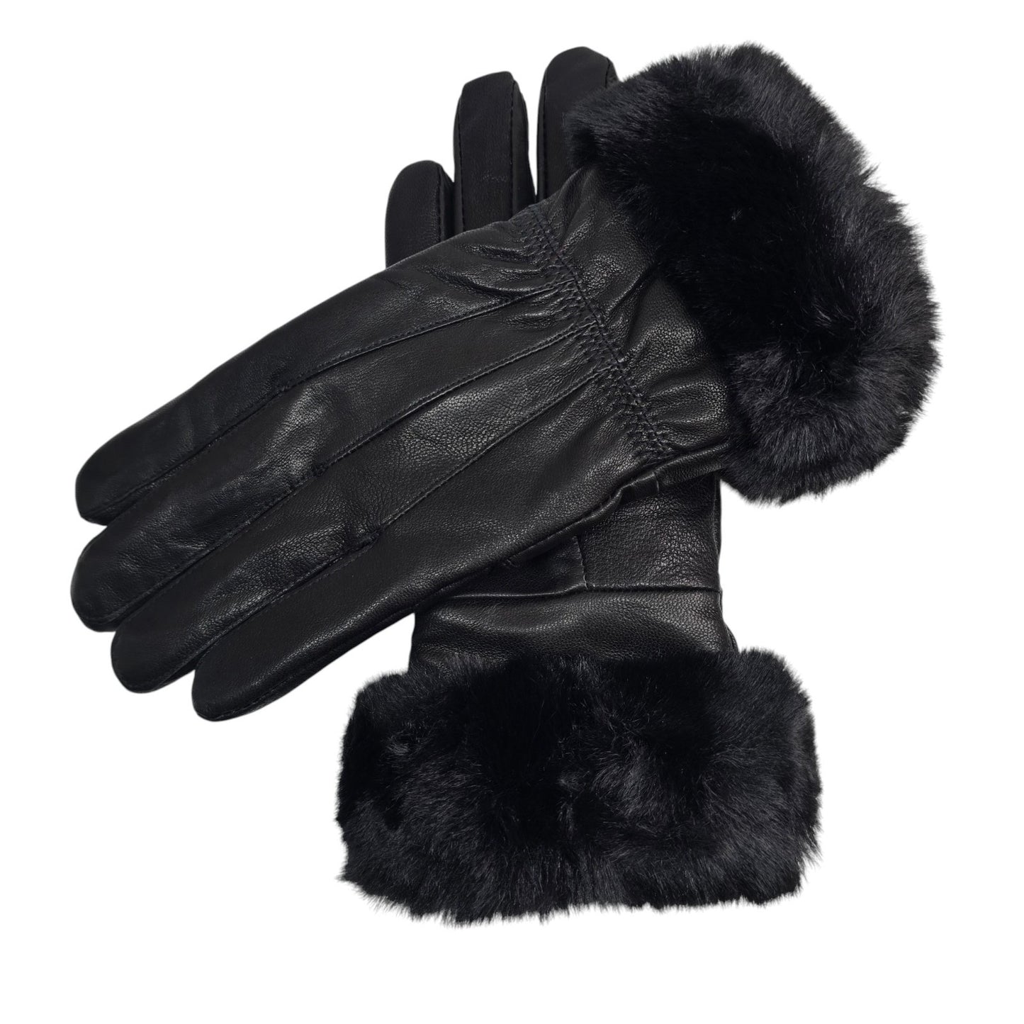 Ladies Womens Real Super Soft Leather Faux Fur Trim Fleece Lined Winter Gloves
