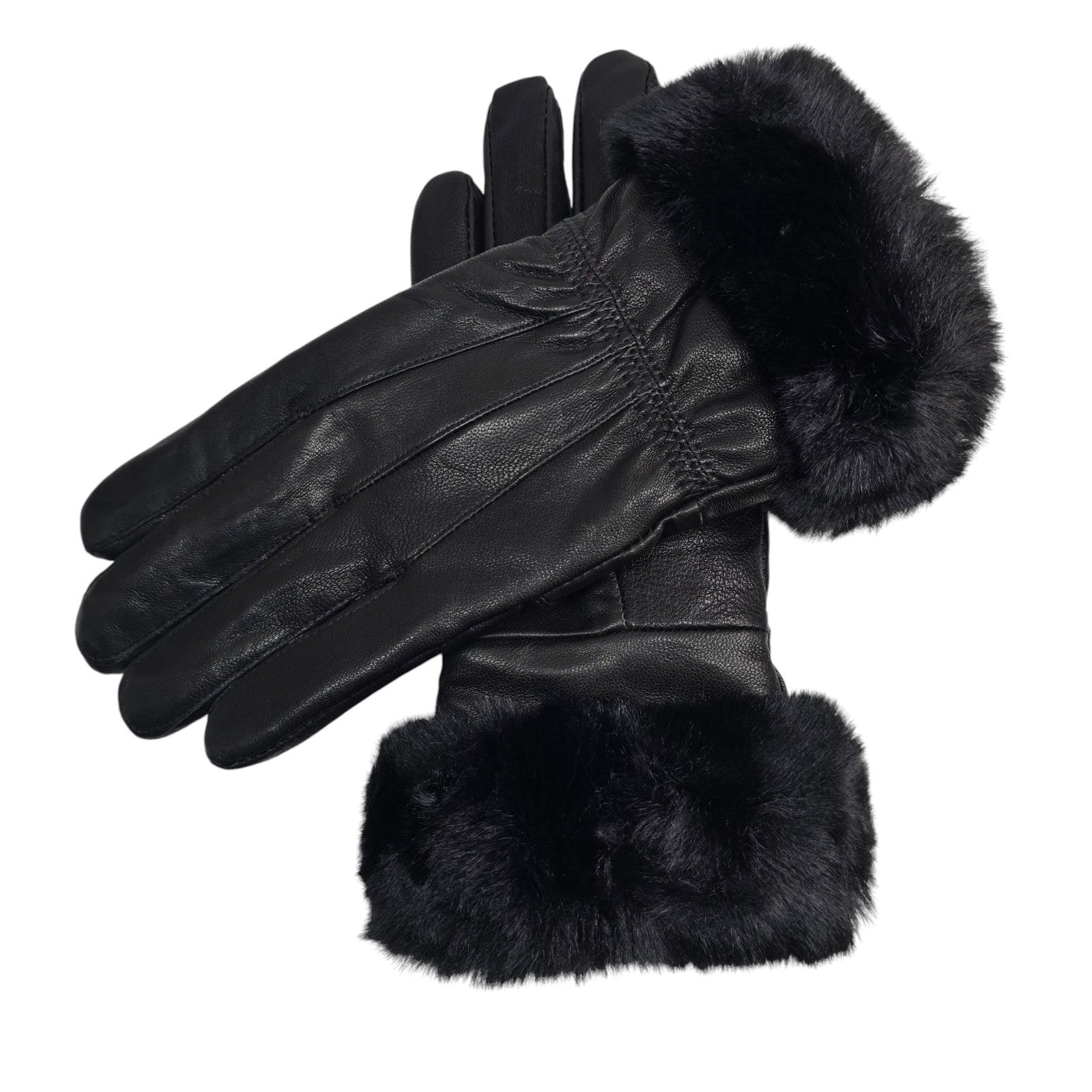 Ladies Womens Real Super Soft Leather Faux Fur Trim Fleece Lined Winter Gloves