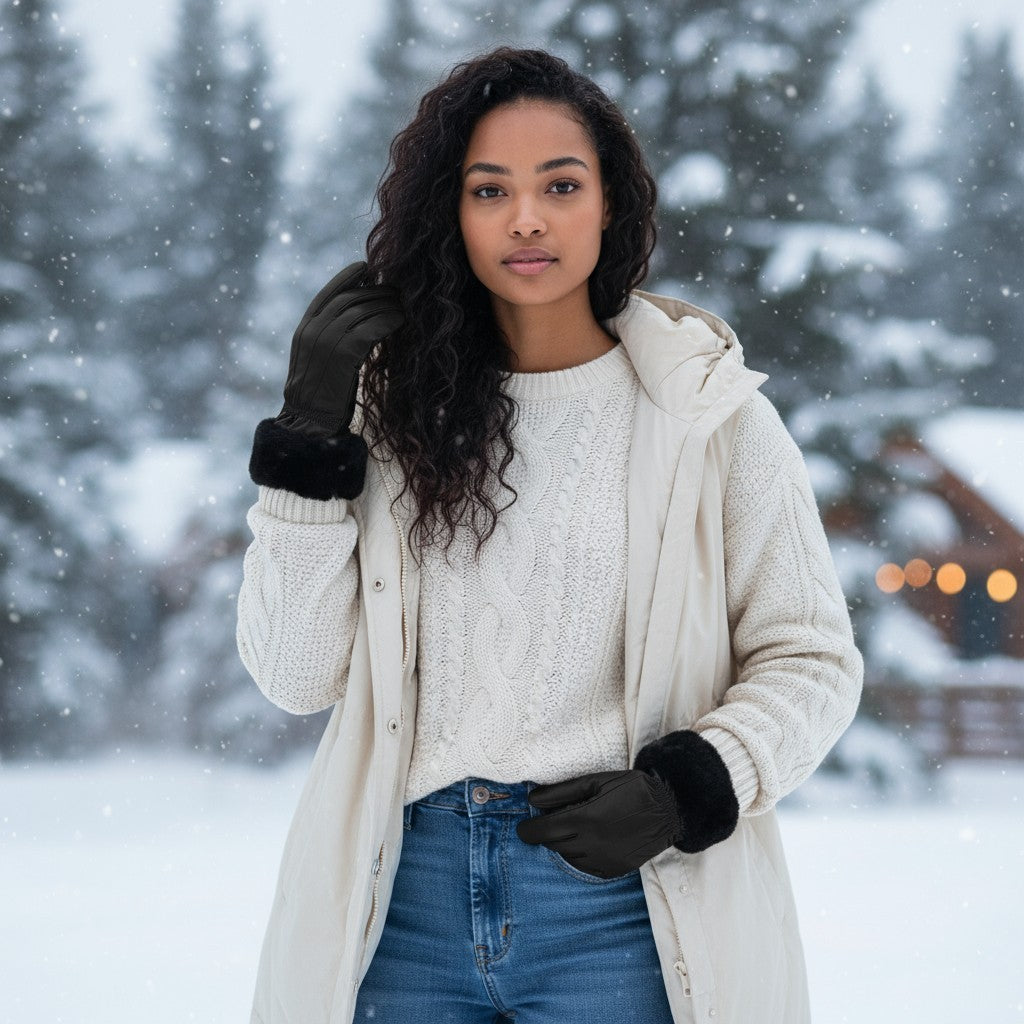 Ladies Womens Real Super Soft Leather Faux Fur Trim Fleece Lined Winter Gloves