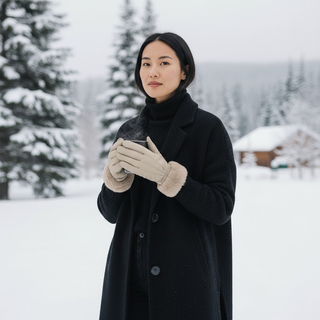 Ladies Womens Real Super Soft Leather Faux Fur Trim Fleece Lined Winter Gloves