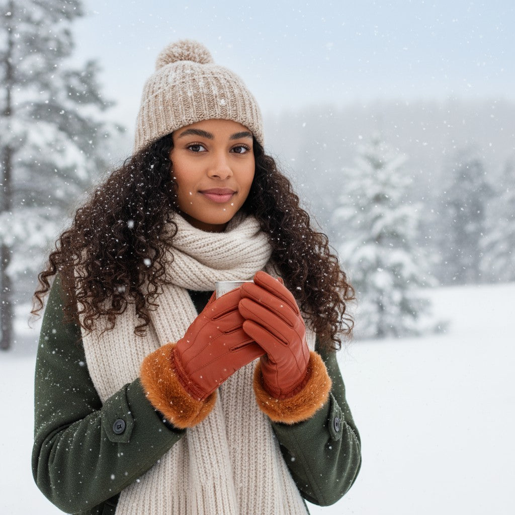 Ladies Womens Real Super Soft Leather Faux Fur Trim Fleece Lined Winter Gloves