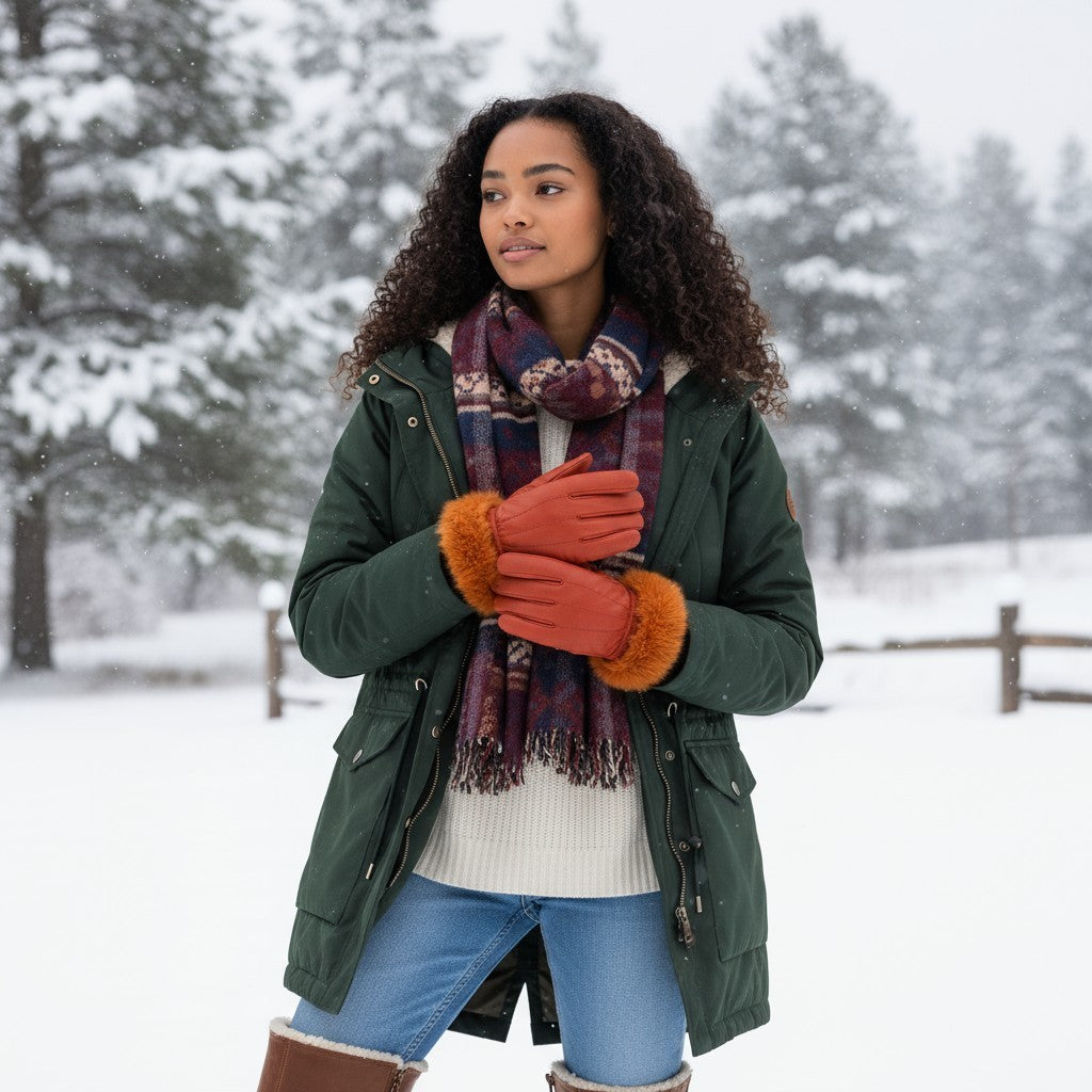 Ladies Womens Real Super Soft Leather Faux Fur Trim Fleece Lined Winter Gloves