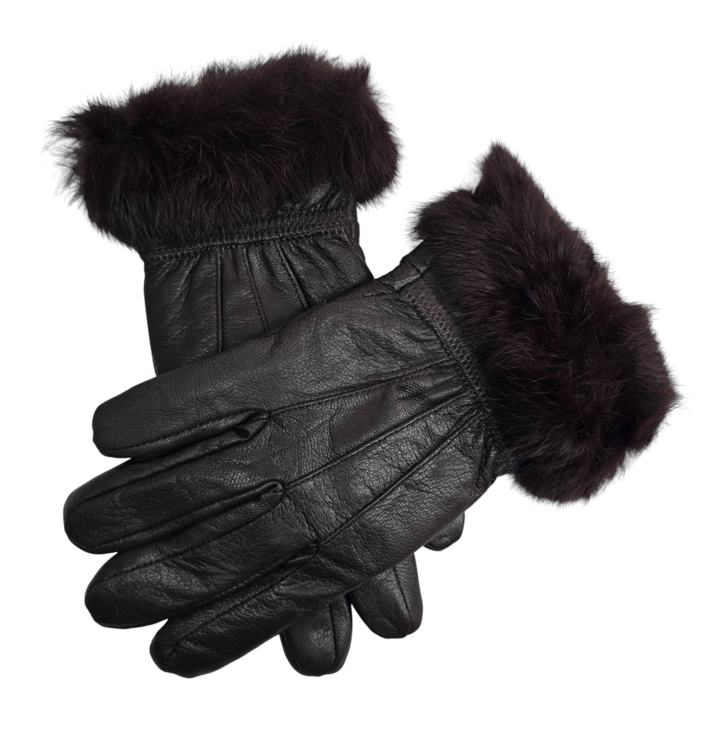 Ladies Womens Real Super Soft Leather Faux Fur Trim Fleece Lined Winter Gloves