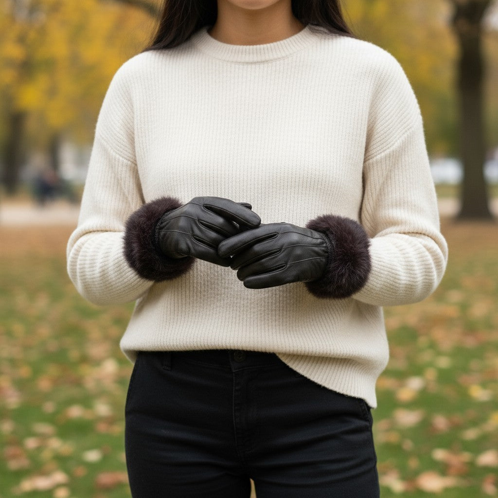 Ladies Womens Real Super Soft Leather Faux Fur Trim Fleece Lined Winter Gloves