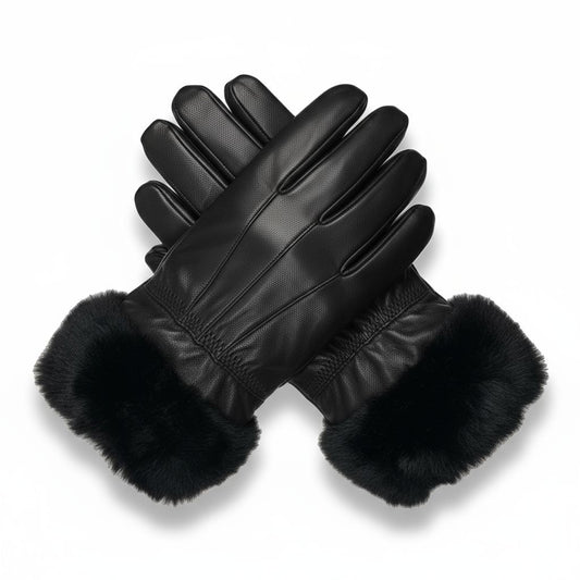 Ladies Womens Real Super Soft Leather Faux Fur Trim Fleece Lined Winter Gloves