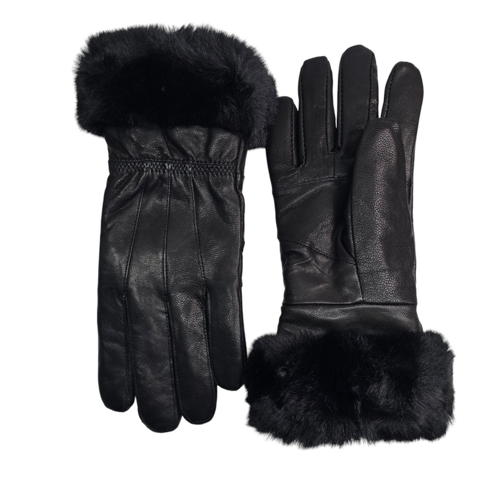 Ladies Womens Real Super Soft Leather Faux Fur Trim Fleece Lined Winter Gloves