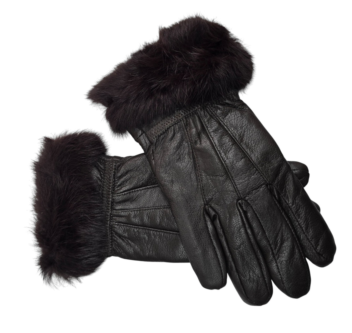 Ladies Womens Real Super Soft Leather Faux Fur Trim Fleece Lined Winter Gloves