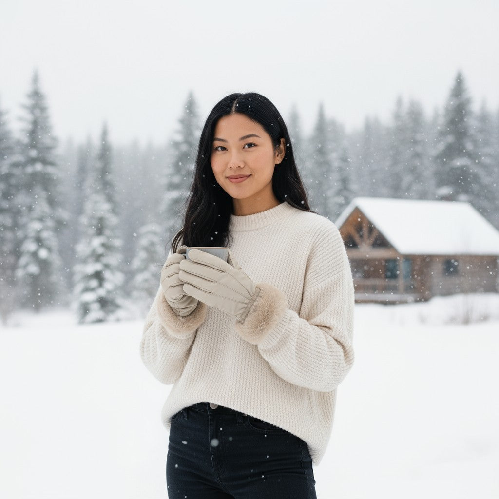 Ladies Womens Real Super Soft Leather Faux Fur Trim Fleece Lined Winter Gloves