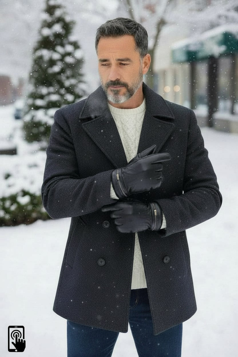 New Mens Premium Soft Fleece Lined Black Real Leather Gloves Winter Touch Screen