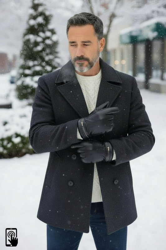 New Mens Premium Soft Fleece Lined Black Real Leather Gloves Winter Touch Screen